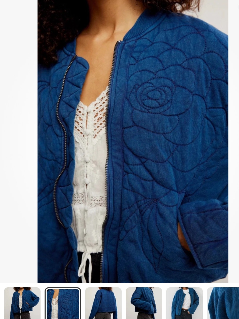 Free People Blue Quilted Rose Quinn Zip Bomber Jacket - Picture 2 of 5